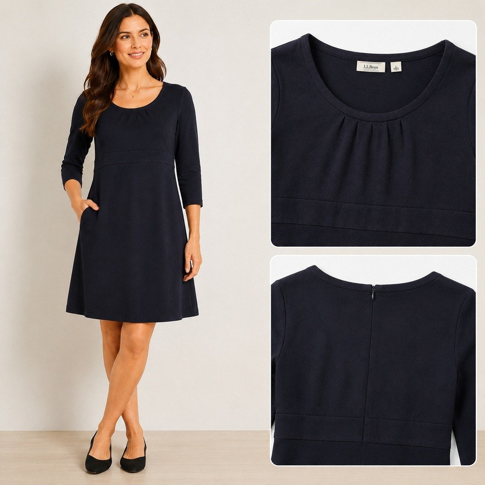 L.L.Bean A-Line Dress Empire Waist with Pockets Black WMS LG